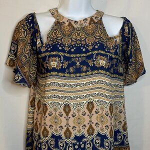 Women's Lovemarks Size S - Blue Short Sleeve Open Shoulder Blouse